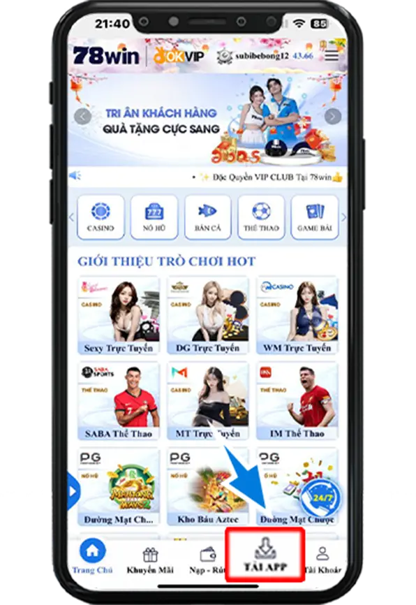 Bước 1 : Tại trang chủ , chọn biểu tượng TẢI APP